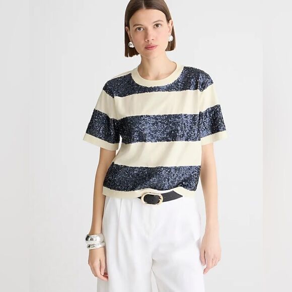 NWT J. Crew Broken-in jersey T-shirt in sequin stripe - Picture 3 of 11